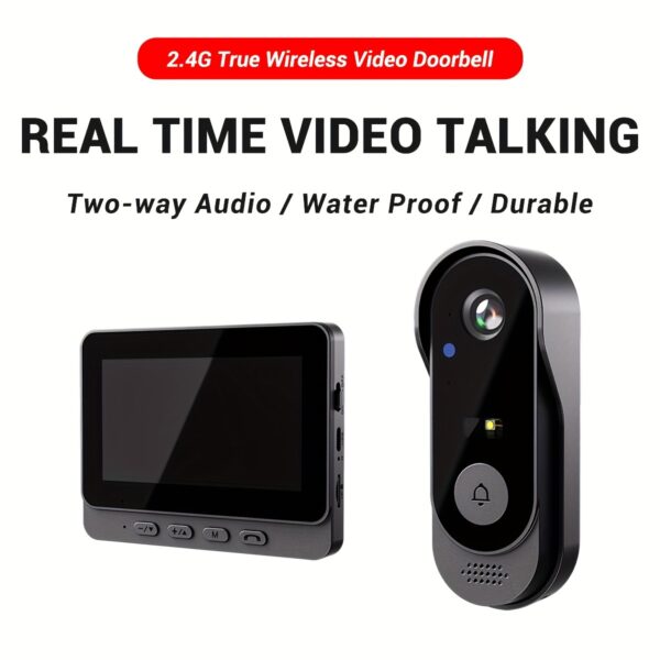1 conjunto de campainha de vídeo sem fio SELFIECOM X8 com tela de 10,92 cm -, câmera HD 480P, recarregável por USB, áudio bidirecional, durável, fácil instalação para segurança interna, campainha sem fio | Design preto elegante | Campainha à prova d'água