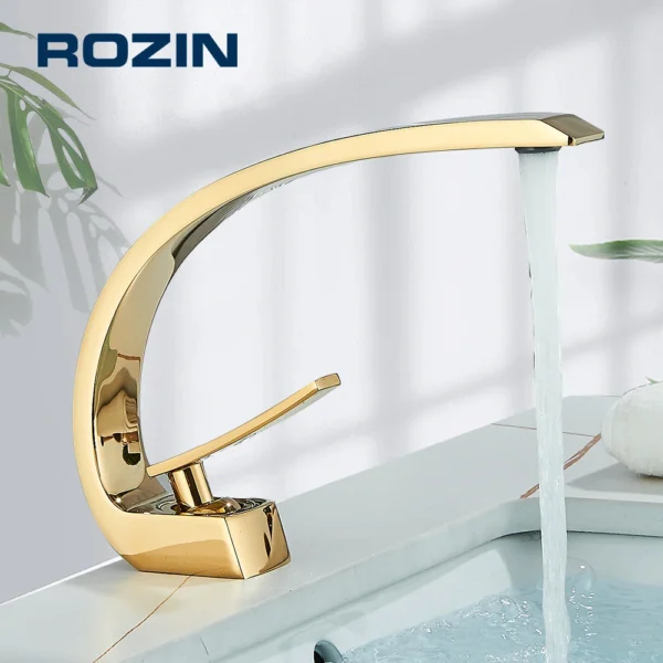 Rozin preto torneira da bacia do banheiro deck montado único nível chrome bacia de lavagem água quente e fria misturadora torneiras estilo luxo - Image 2