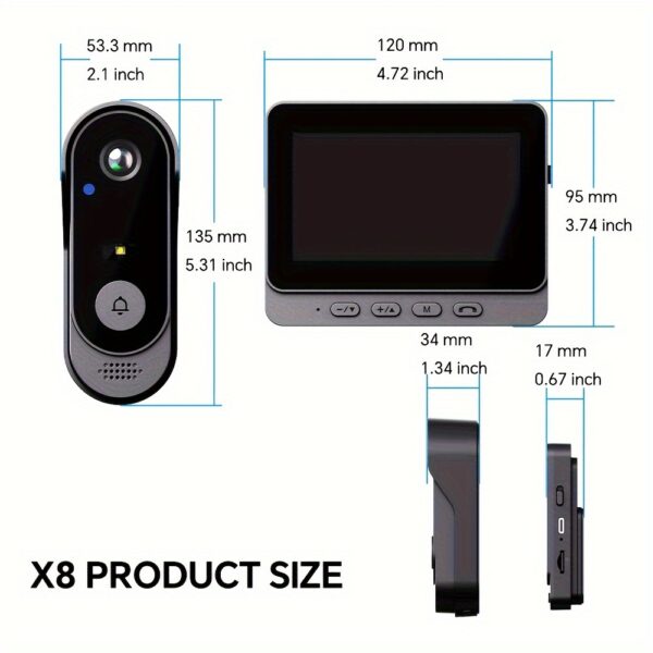 1 conjunto de campainha de vídeo sem fio SELFIECOM X8 com tela de 10,92 cm -, câmera HD 480P, recarregável por USB, áudio bidirecional, durável, fácil instalação para segurança interna, campainha sem fio | Design preto elegante | Campainha à prova d'água - Image 5